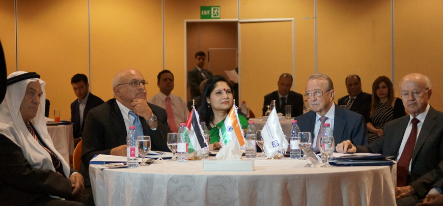 Minister of State for Economic Affairs Yusuf Mansur (second from left) and Indian Ambassador to Jordan Shubhdarshini Tripathi attend a seminar in Amman, on Sunday (Photo by Rajive Cherian)